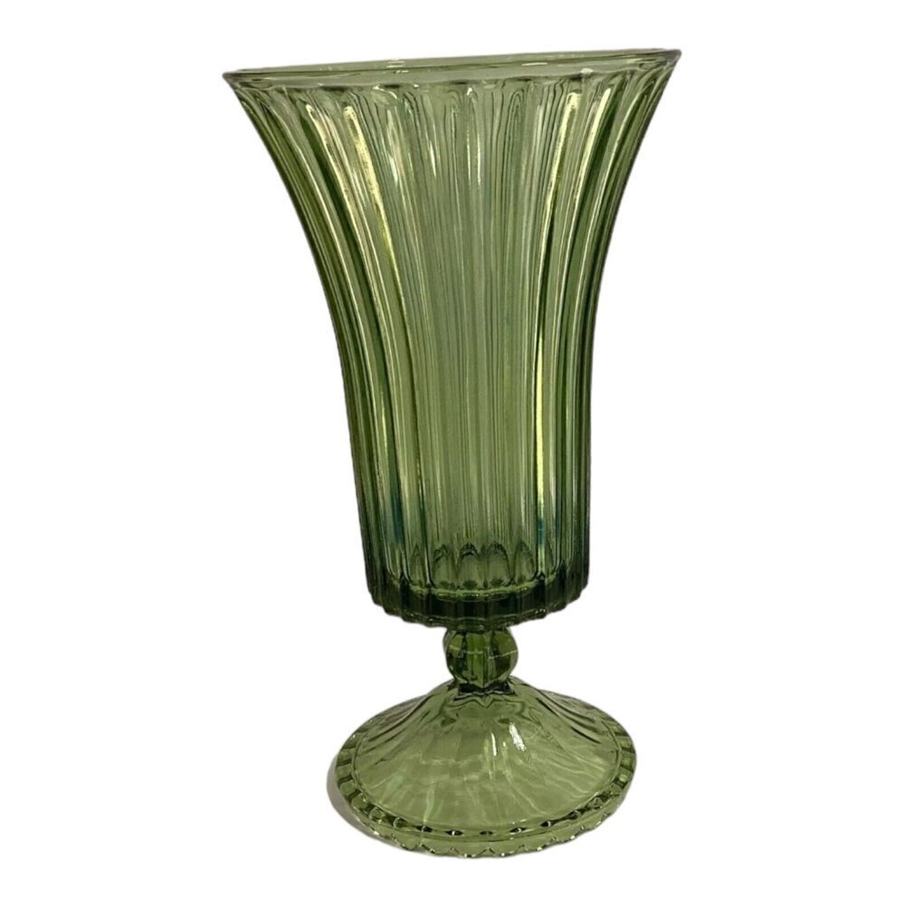 Vintage green glass Pedestal Vause vertical line scalloped base edge MCM